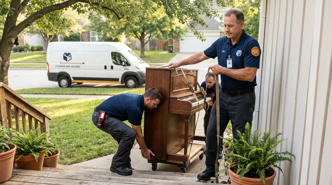 Licensed piano movers securing grand piano in Waterville, MN