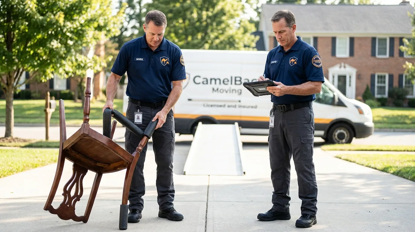 Movers inspecting furniture for damage prevention before loading in Waterville, MN