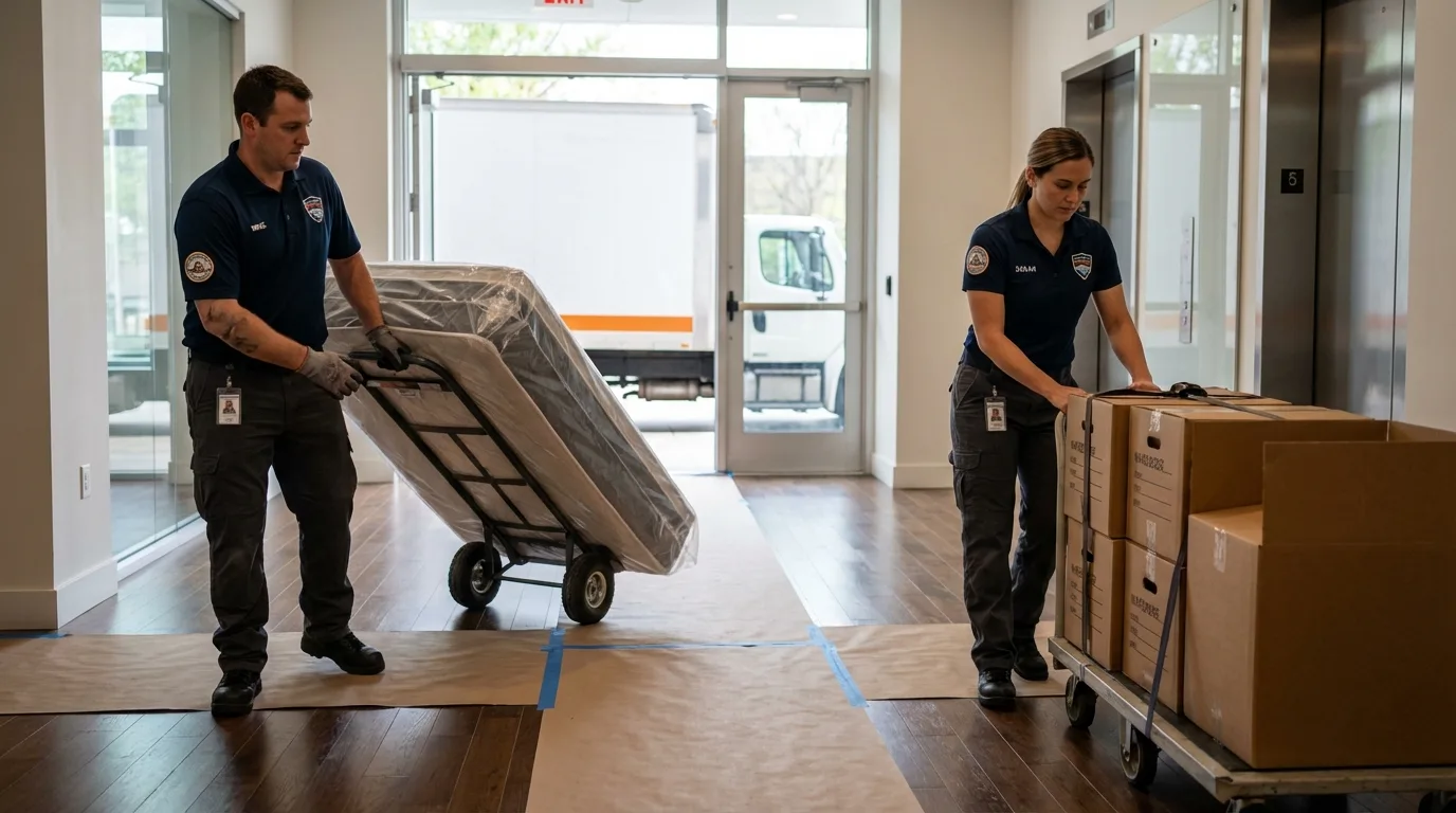 Professional apartment movers loading elevator in Waterville, MN