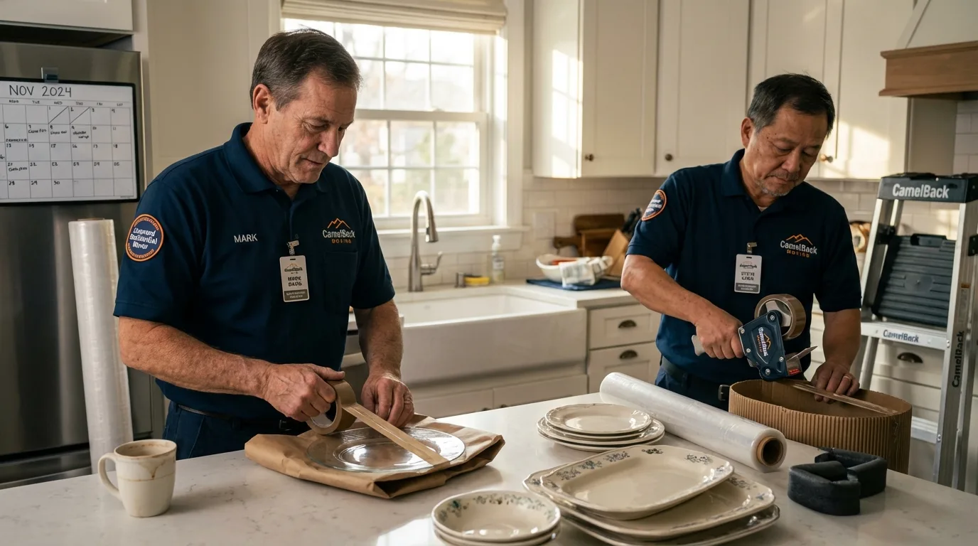 Professional crew packing kitchen dishware in Waterville, MN